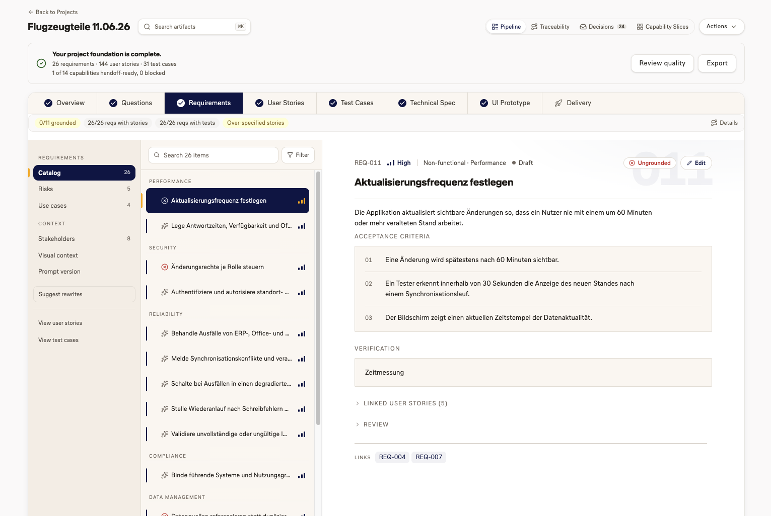 Requirements detail view with acceptance criteria, traceability links and quality signals