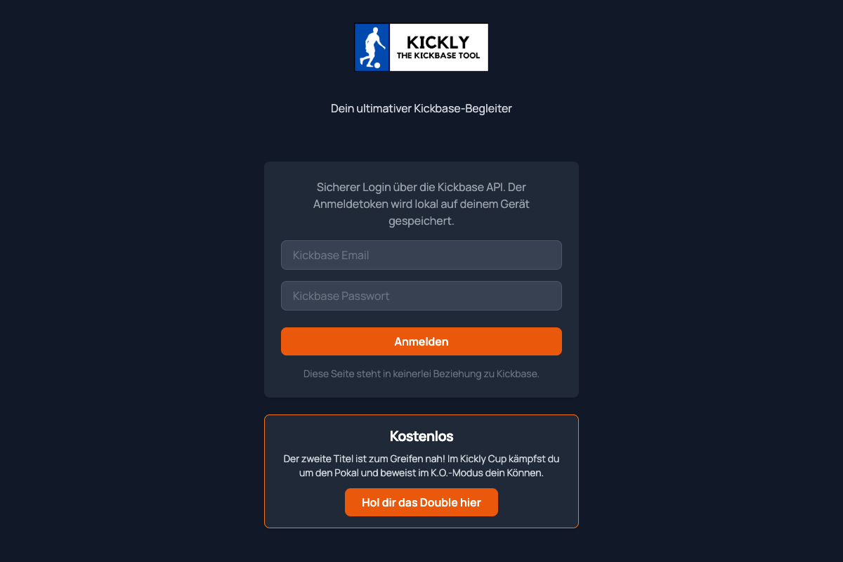 Kickly login and matchday companion interface